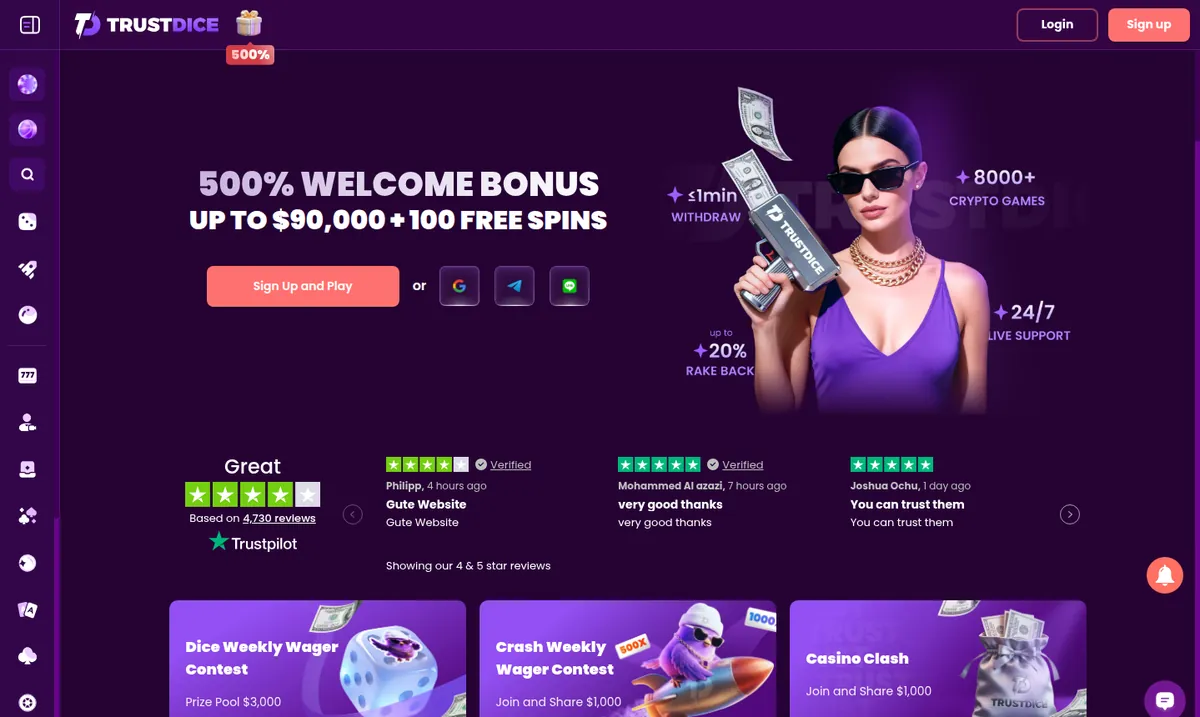 TrustDice home screen with a 500% up to $90,000 and 100 free spins welcome banner