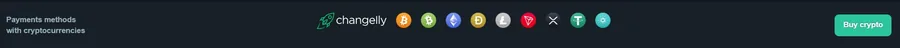 Vave payments bar: Changelly logo, coin icons and a Buy crypto button
