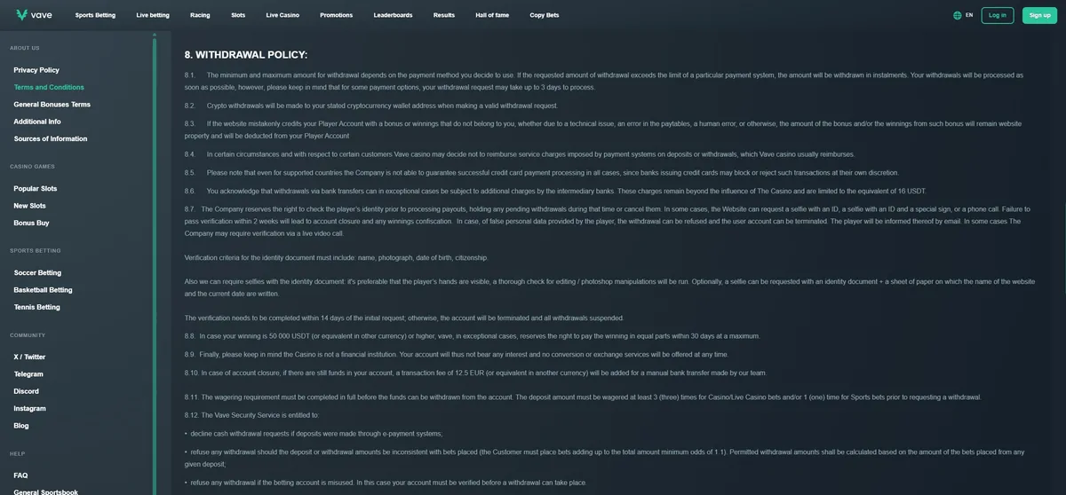The full text of section 8 of Vave’s terms, on withdrawals